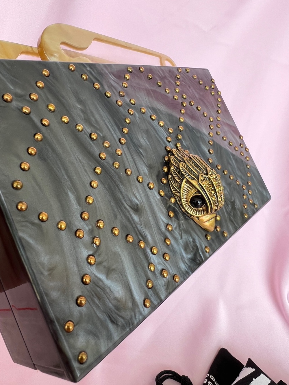 Kurt Geiger Kensington safety pin box clutch on chain gray mother of pearl NWT - Picture 14 of 16